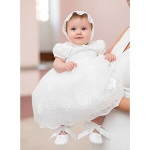 Glamulice Baby Girl Dress 6M White Baptism Christening Gown Set Shoes & Hat New